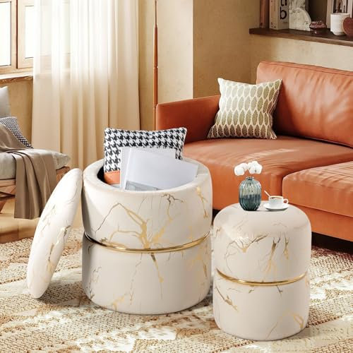 Ckaff 2er Set Hocker mit Stauraum, Sitzhocker mit Stauraum Schminkhocker, Pouf Ottoman Polsterhocker Rund Bouclé Samt Stoff Fußhocker mit Stauraum für Schminktisch Schlafzimmer Wohnzimmer, Khaki