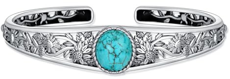 WSX Natürliches Türkis-Vintage-Sonnenblumen-Armband, Sterling Silber Boho verstellbarer Bangle-Cuff Native American Schmuck für Damen, passt für 6,5 bis 7,5 Zoll