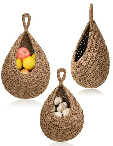 Obstkorb Hängend, Hängekorb Küche, Wandkorb Hängekörbe, 3 Stück Braun | Wandkörbe, Korb zum Aufhängen, Hängender Obstkorb, Aufbewahrungskorb Geflochten für Küchendekoration, Wohnzimmer, Bad