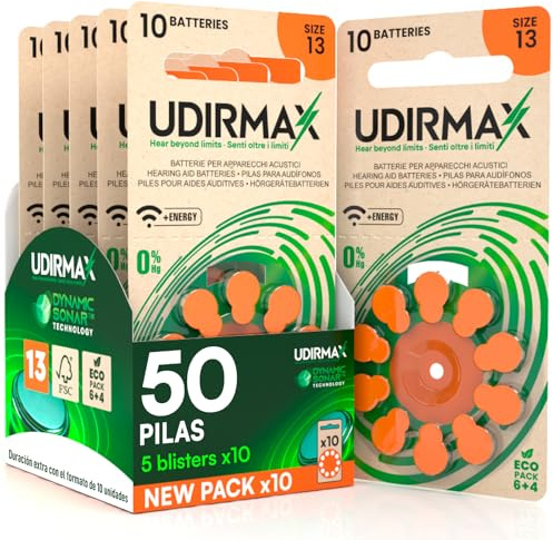 50 Batterien für Hörgeräte PR48 Größe 13 (Orange) Udirmax Zink-Luft 0% Quecksilber 145V mit Dynamic Sonar Technologie Öko-Pack - 5 umweltfreundliche Blisterpackungen mit 10 Hörgerätebatterien