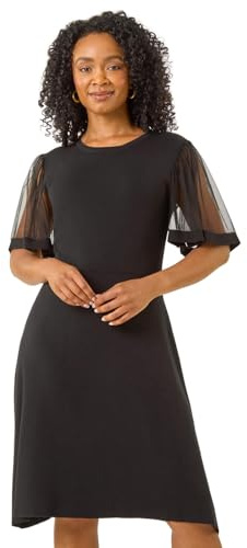 Roman Petite Knitted Mesh Dress for Women UK - Ladies Everyday Autumn Winter Round Neckline Comfy Soft Evening Vacation Work Party Night Out - Petite Black - Size 16