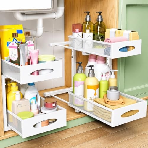 MARFRAND Organizador Bajo Fregadero. Organizador Armario Cocina. Bandeja Extraible Armario. Con accesorios anti vuelco. Incluye Colgador para Esponja de Cocina para Fregadero.