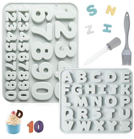Silikonform Buchstaben und Zahlen A-Z & 0-9 Set | Backformen Schokoladenformen Epoxidharz Formen | Mit Silikonbürste + Pipette | Wiederverwendbar Lebensmittelecht | Für Kekse, Schokolade, DIY (Grau)