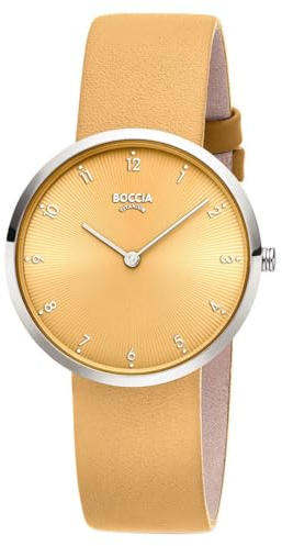Boccia Titanium Damenuhr 3309-15 Titan 36 mm mit currygelbem Zifferblatt, Quarz Armbanduhr mit Lederarmband gelb, ultraflach ca 7 mm, wasserdicht 3 bar, leicht und antiallergisch