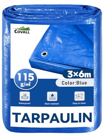 COVALL Telone Blu 3x6m 115g/m² Impermeabile Antistrappo carichi pesanti | con occhielli metallici, antistrappo, multiuso, per tutte le stagioni, ideale per campeggio, giardino, auto e trampolino