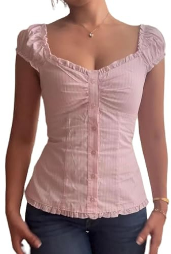 Acrawnni Women Y2K Fairy Button Up Shirt Puff Short Sleeve Ruffle Hem Peplum Blouse Top Vintage Preppy Aesthetic Slim Fit Going Out Streetwear