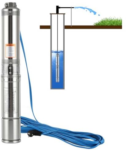 Peviasot Bomba para pozos profundos, 370 W, de acero inoxidable con cable de conexión de 20 m, condensador integrado, altura de entrega máx. 34 m, bomba de agua para plantas de agua domésticas y