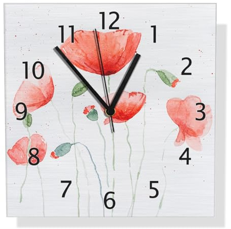 Wallario Design Wanduhr Mohnblumen in Aquarell aus Aluverbund, Alu-Uhr Größe 30 x 30 cm, Schwarze Zeiger mit Metalloptik