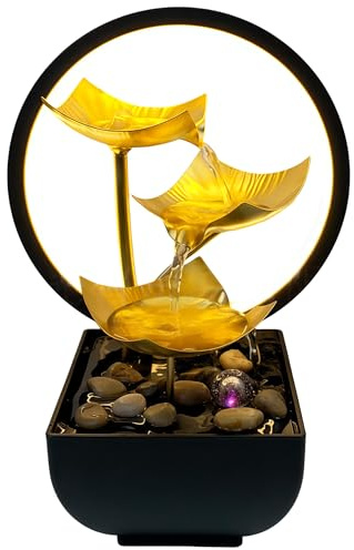 Zimmerbrunnen, Tischbrunnen Wasserfall mit LED Beleuchtung | Moderne Zen Deko mit Geräuschloser Pumpe, Moderne Zen Tischdekoration（Goldene)