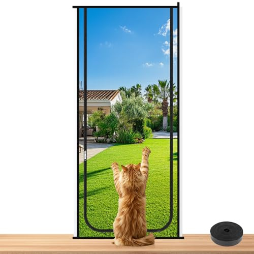 Yeria Cat Screen Door, Mesh Pet Door Screen, Cat Proof, Double Sided Zipper, Scratch Proof, Keep Pets In, Fits Doorways 210x80cm (Black, 31.5 x 82.7 in)