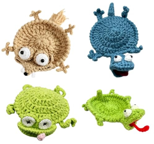 Funny Crochet Coaster, Crochet Critter Mat Coaster, Cute Handmade Drink Coasters, Woven Table Protection Cup Mat for Coffee Table Desk Decor, Unique Gift for Coffee & Animal Lovers (4Pcs)
