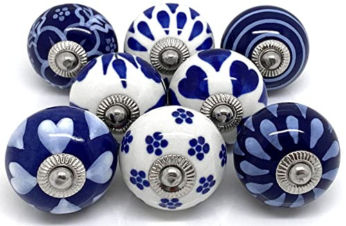 These Please Set of 8 Navy Blue and White Ceramic Door Knobs S8-6