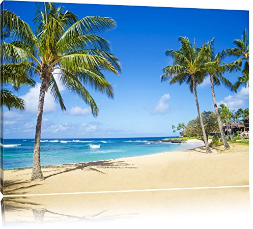 Pixxprint Wunderschöner Strand mit Palmen, Größe: 80x60cm, Leinwandbild, fertig gespannt, Wandbild, Dekoration, Kunstdruck, kein Poster