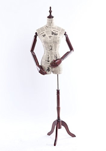 Eurohandisplay Schneiderpuppe, Zeitung Muster stoffbezogene Oberkörper mit Deckel aus Holz,Arme und Finger aus Holz beliebig verstellbar, dunkler Holzstand (B6-0 Frau)