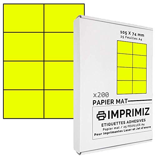200 Selbstklebende Etiketten neongelb von 105 x 74 mm - 8 Etiketten/Blatt - 25 Blatt A4 / Papier matt - Farbe - Für Inkjet/Laser/Kopier Drucker - Etiketten farbig