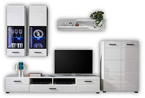 Stella Trading ALASKA Wohnwand Komplett-Set in Hochglanz Weiß - Moderne Schrankwand mit blauer LED-Beleuchtung für Ihr Wohnzimmer - 285 x 190 x 40 cm (B/H/T)