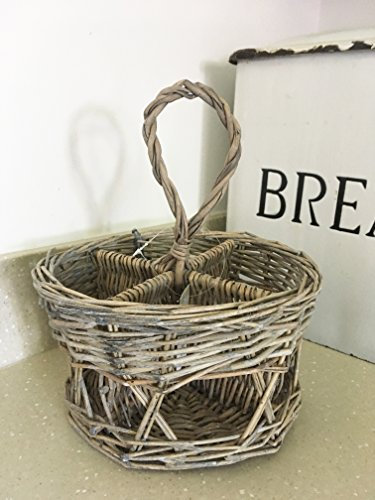 Chic Antique Rattan Aufbewahrung Korb rund Storage Frz. grau mit 4 Fächer Aufbewahrung 1 Griff