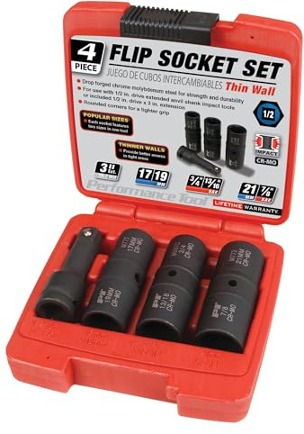 PERFORMANCE TOOL M774 1/2-Inch Drive Flip Socket Set - 4-Piece Metric & SAE Kit with Thin Wall Design for Lug Nuts, Wheel Bolts & More