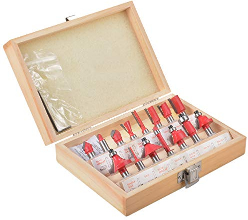 KATUR 15pcs Tungsten Carbide Router Bit Set, 8mm Shank Milling Cutter Tool Kit with Wooden Case for Home Improvement and DIY (8mm Shank)