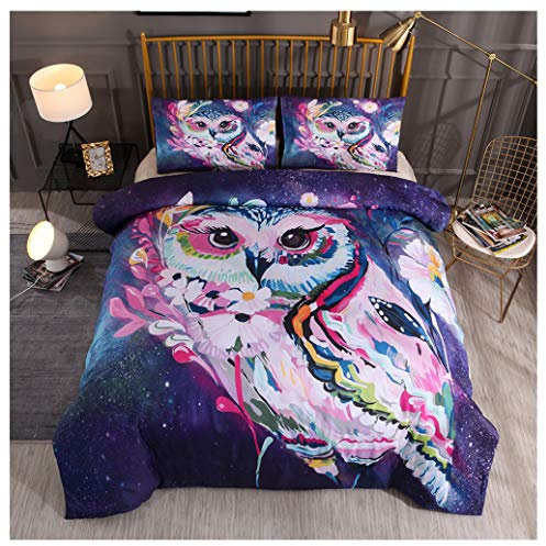 Sticker Superb Housse de Couette 2 Personnes 3D Violet Noir Literie Galaxy Taie d'oreiller en Polyester Animal Chouette Chien Draps Garçons et Filles Parures de Lit (Chouette Fleur,220_x_240_cm)