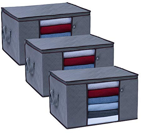 VENO 3 Pack Extra-Large Clothes Storage Bag Organizer w/Handles and Zip for Moving house, 91L Blankets Bedding Towels Bedroom Containers, Clear Window Panel, Foldable, Reusable (91 Liters)