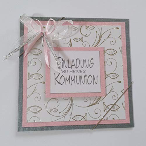 8 x Einladungskarte zur Kommunion*silber-rosa*zartrosa*Handmade*incl Umschlag und Einlegeblatt