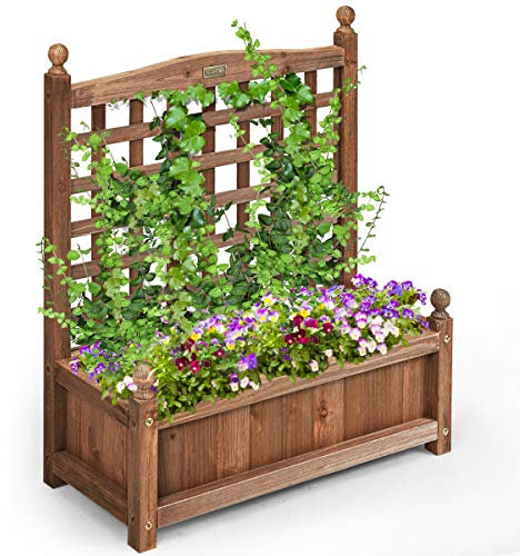 COSTWAY Maceta de Jardín con Enrejado, Jardinera de Madera con Agujeros de Drenaje, Cama Elevada para Plantas Trepadoras de Abeto y Flores para Jardín, Terraza, Patio 64,5 x 28 x 75cm