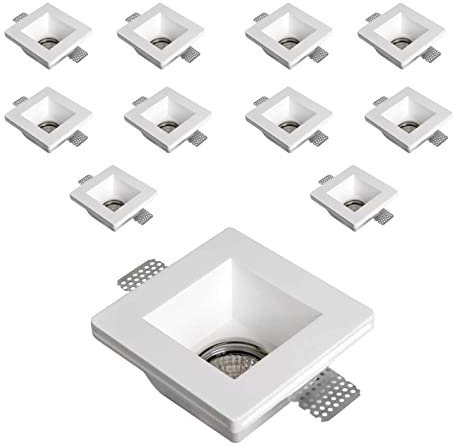 Eurekaled 10pz - Portafaretto Quadrato in Gesso CERAMICO da Incasso per GU10 e MR16 in cartongesso, Bianco