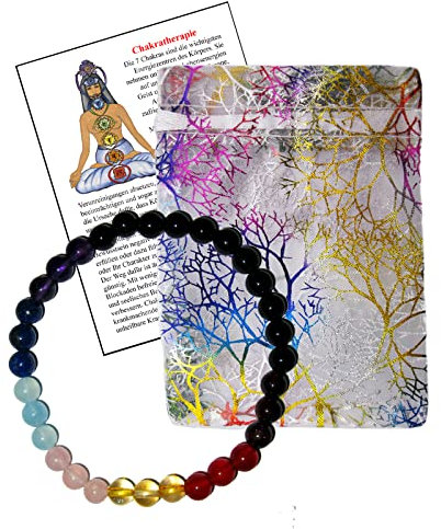 CHAKRA Armband [AURASCHUTZ & CHAKRATHERAPIE] Granat + Karneol + Citrin + Rosenquarz + Aquamarin + Lapis + Amethyst & TURMALIN + BESCHREIBUNG + Täschchen [6mm Kugelarmband] 60000-1