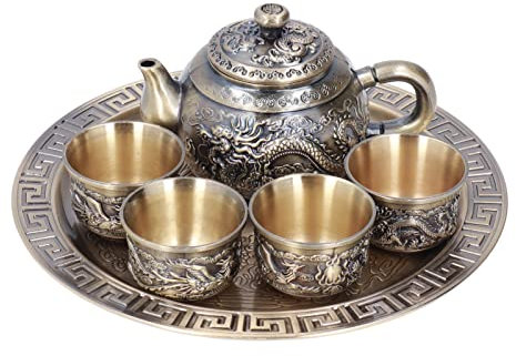 Fishawk Vintage Turkish Coffee Pot, Moroccan Teapot Set of 6 Exquisite Tea Tray Cups Plate, Kettle Espresso Serving for Table Party Decoration Gift