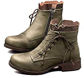 DBDFBXX Stivali da neve da donna Stivali da donna Vintage Autunno PU Pelle Donna Stivali stringati Plus Size Comfort Tacco Chunky Scarpe Femminili Booties, verde, 10.5