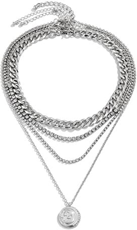BCughia Silber Halskette, Damen Kettenanhänger 4 Reihige Mond Strass Design Urlaub Romantische Geschenke für Damen