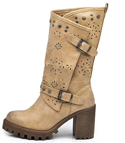 IF FASHION Stivaletti Tronchetti Da Donna Con Tacco Grosso Plateau Borchie Pelle Sintetica G669 beige N.39