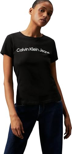 Calvin Klein Damen T-Shirt Kurzarm Core Logo Slim Fit Tee Rundhalsausschnitt, Schwarz (Ck Black), XS