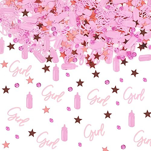 Baby Konfetti, Glitzer Confetti für Baby Shower, Perfekte Streudeko & Tischdeko, Tischkonfetti mit Diamanten Sterne Nuckelflasche, Deko Konfetti für Taufe, Geschlechter-Enthüllung (Pink,Girl)