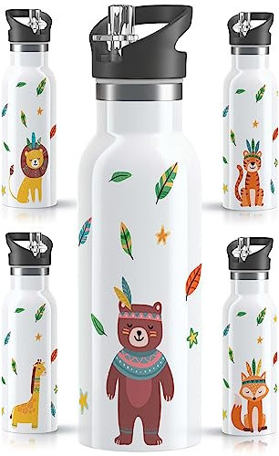 OWLBOOK® Edelstahl Trinkflasche Kinder | Wasserflasche mit Strohhalm | 600 ml | Sportdeckel | Spülmaschinenfest | Schule Sport | Schulanfang Geschenke zur Einschulung Junge Mädchen| Bär