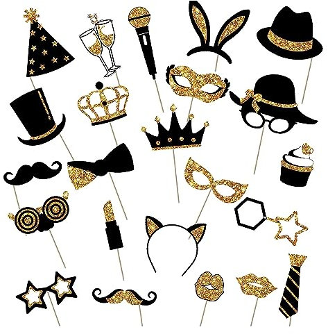 Jortmrd 24 Pezzi Oro Nero Photo Booth Matrimonio,Photo Booth Compleanno Divertenti,Gadget Matrimonio per Invitati,Accessori Foto Matrimonio,DIY Photo Booth Props con Baffi,Cappellini,Occhiali, Corona