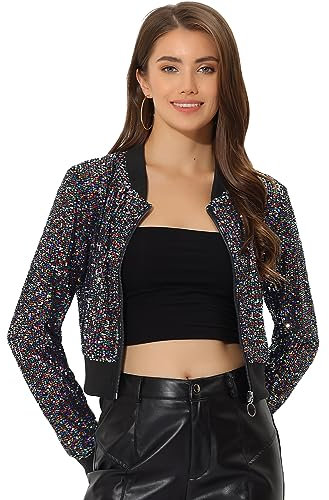 Allegra K Damen Sparkly Glitter Jacken Reißverschluss vorne Crop Bomber Pailletten Jacke, Regenbogen, XS