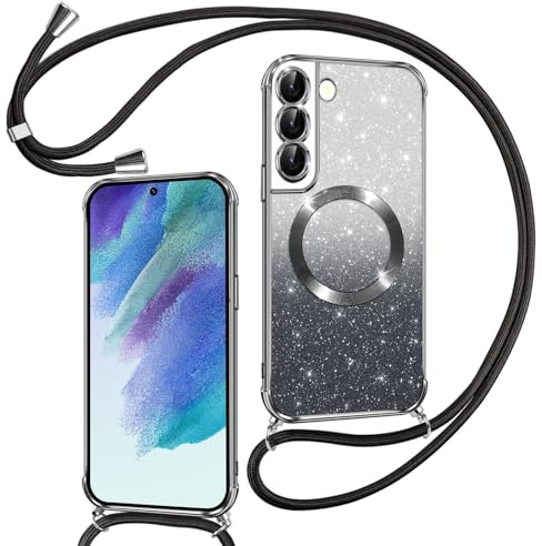 Phoona Couqe Magnétique pour Samsung Galaxy S21 FE 5G avec Cordon, Noir | Compatible avec MagSafe, Brillant Glitter Pailleté Antichoc Durable Résistante Etui Housse Anti-Poussière Soft TPU Bumper