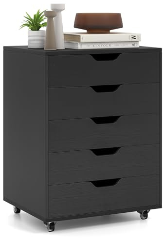 GOPLUS Schubladenschrank mit Rollen, Rollcontainer mit 5 Schubladen, Griffmulden, mobiler Bürocontainer, Aktenschrank Rollschrank für Schlafzimmer Arbeitszimmer Büro (Schwarz)