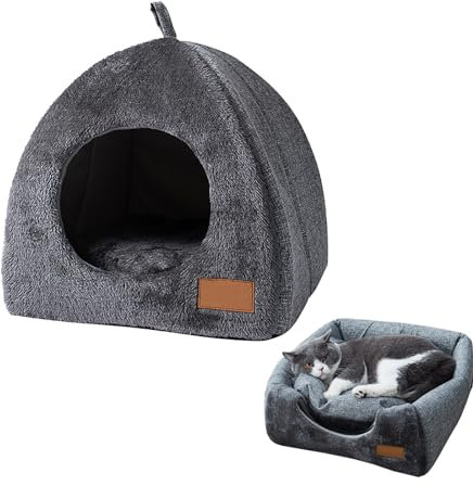 Cuccia per Gatti da Interno, Letti Per Gatti 2 in1 Cuccia Gatto Chiusa Casa per Gatti Cuccia per Gatti Pieghevole con Cuscino Rimovibile per Gattini, Piccoli Animali Domestici (L, grigio scuro)