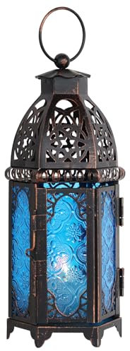 DECORKEY Vintage mittelgroße Kerzenlaterne, marokkanischer Stil, dekorative Hängelaterne, Metall-Tischlaterne, Weihnachtskerzenhalter für den Außenbereich, Terrasse (blau)