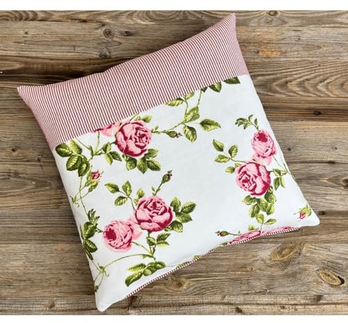 Kissen-Bezug in 50x50 cm für Deko-Kissen Sofa-Kissen - Baumwolle Kissen-Hülle DORRIT Blumen-Motiv Rosen rot weiß gestreift - Waschbarer Reißverschluss Zierkissen-Bezug für Couchkissen