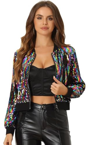 Allegra K Damen Bomberjacke Langarm Glitzer Pailletten Party Jacke Mehrfahrbig XS