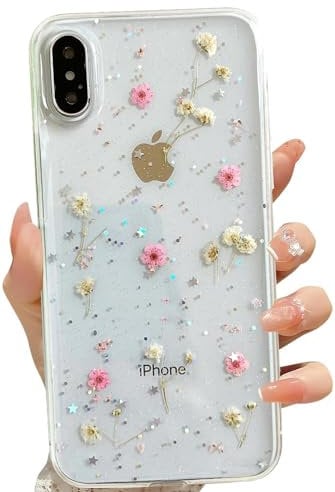 LSEEKA for iPhone Xs Max Clear Case with Pressed Real Flowers Design,Glitter Cute Pink Floral Pattern Slim Soft TPU Protective Women Girl's Phone Cover for iPhone Xs Max