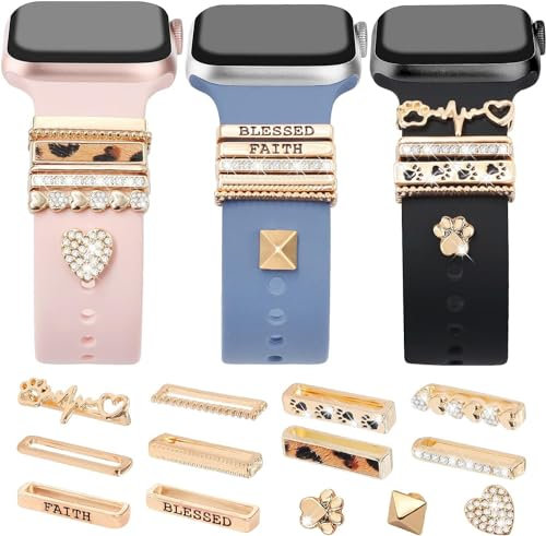 JR.DM 13 Stück Watch Armband Charms, kompatibel mit Apple Watch 38mm 40mm 41mm 42mm 44mm 45mm 46mm, Metall Diamant Dekorative Bling Schmuck für iWatch-Series 10 9 8 7 6 5 4 3 2 1 (Ohne Armband)