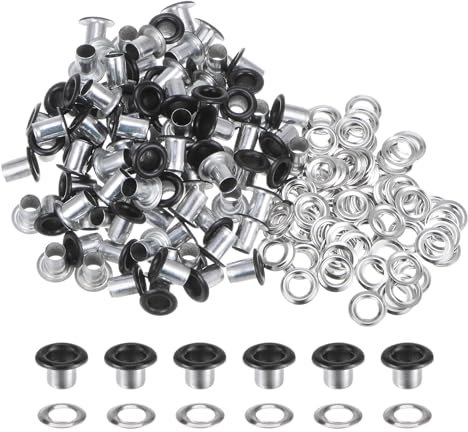 QUARKZMAN 100Pcs Ojales de Ojales de 1/6 Pulgada (4 mm) con Orificio de Metal y Arandela Autoadhesiva para Zapatos, Cuero, Cuentas, Núcleos de Tela, Etiquetas de Lona, Negro Mate