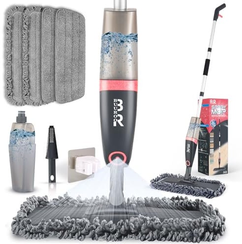 Mopas pulverizadoras para limpieza de suelos de madera dura, mopa de microfibra con 1 botella de 580 ml, 4 almohadillas reutilizables lavables para fregonas, para 1 soporte de fregona, mopas de chorro