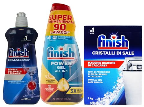 Set Per La Lavastoviglie: Finish Power Gel Lemon, Gel Lavastoviglie, Confezione Da 3 x 600ml + Finish Brillantante Lavastoviglie 500 ml + Finish Cristalli di Sale 1Kg