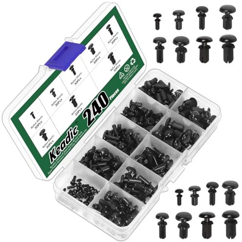 Keadic Lot de 240 rivets en nylon - 8 tailles - Kit de fixation pour panneau de commande - PCB - Noir - Pour pare-chocs de voiture, garniture intérieure
